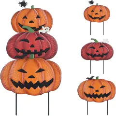Halloween Decorations: 34" Garden Stakes with 3 Pumpkins & Jack O Lantern - Red