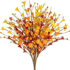 12 Pack Fall Flowers Orange Red Fall Floral Stems with Forsythia Pumpkins and Berries
