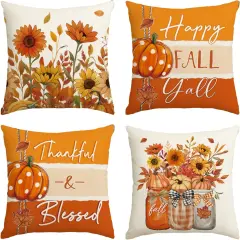 Happy Fall Y'all Pumpkin Floral Throw Pillow Covers