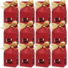 Wrapables House Shaped Gift Boxes with Ribbons for Weddings, Housewarming, Cookies, Candies, Treats, Party Favors (Set of 12), Red