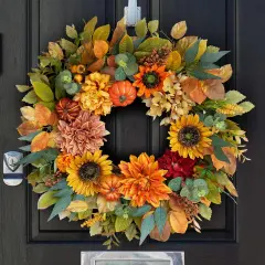 Pumpkin Sunflower Wreath with Peonies Berries - Fall Wreath