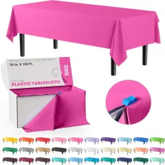 Exquisite Party Solids 54" x 100' Plastic Table Cover Roll with Slide Cutter &ndash; Cut-to-Size Dispenser Box &ndash; Makes Up to 36 Disposable 8' Rectangle Tablecloths Hot Pink