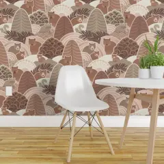 Pre-Pasted Wallpaper 2FT Wide Bears Autumn Nature Earth Tone Animals Woodland Raccoon Squirrel Trees Abstract Geometric Soft Brown Kids Room Custom Pre-pasted Wallpaper by Spoonflower