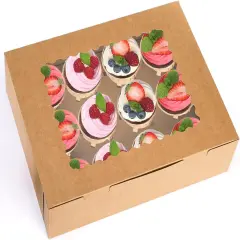 20 Pack Cupcake Boxes, 12 Counts Dozen Cupcake Containers with Window and Insert, Brown Bakery Pastry Treat Boxes for Muffins, Cookies, Donuts, Take Out Containers for Party