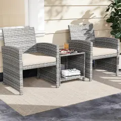 Costway 3 PCS Patio Furniture Set with Tempered Glass Coffee Table & Soft Seat Cushions Gray/Black/White