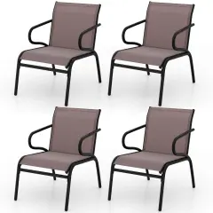 Costway Patio Chairs Set of 2/4/6 with Breathable Fabric & Metal Frame Armrests for Poolside Brown/Gay