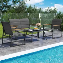 Costway 4/8 PCS Patio Furniture Setwith Padded Fabric Seat & Wood-Plastic Armrests Table