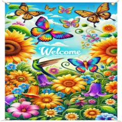 Welcome Door Cover Spring Butterfly Design Door Banner 71x35 Inch Polyester Summer Sunflower Hummingbird Decoration for Front Door Outdoor Decor