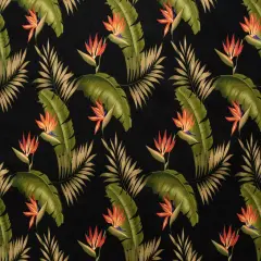 1 Yard Plumeria & Palm Leaf Upholstery Fabric with Bird of Paradise Seeds 100% Cotton Barkcloth, 56"-58" Width Black