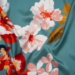 1 Yard Muted Blue Red Black Silk Charmeuse Print Big Floral Border Made in Italy Width 53"