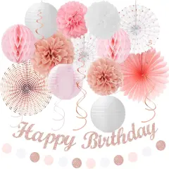 Pink White Rose-Gold Birthday Party-Decorations - 21pcs Happy Banner, Paper Lanterns,Tissue Pom Poms Flower Fan,Honeycomb Ball,Swirl Streamers Garland Supplies Decor Girls Women