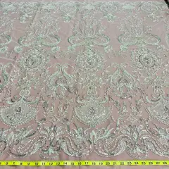 1 Yard Beaded Lace Fabric Embroidered on 100% Polyester Net Mesh, 51" Wide, Premium Lace Fabric for Dresses & Crafts Antique Silver