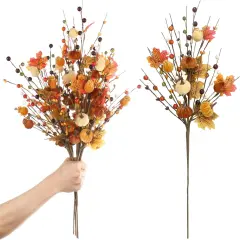 4PCS Fall Decor, 19.5Inch Artificial Red Berry/Maple Leaf/Pumpkin Floral Stems Fall Branches Decorations, for Autumn Harvest Weeding Birthday Holiday Home Vase Arrangement Indoor Decor.