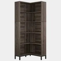 71" Dark Grey Wood Freestanding Corner Etagere Bookshelf with Closed Back and 5-Tier Shelves