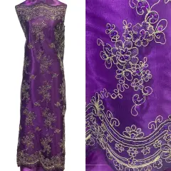 1 Yard Purple with Gold Exquisite Pearl Embroidered Beaded Corded Bridal Lace Fabric Net Mesh Purple Gold 54" Width