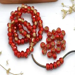 *25* 5x8mm Gold Lined Ruby Red Faceted Large Hole Rondelle Roller Beads