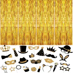 28 Pcs Photo Booth Props for Birthday Wedding Party Decorations Mix of 24 Photo Props, 4 Pcs 3.28 x 6.56 ft Foil Fringe Curtains Party Supplies for Prom Birthday Wedding Graduation (Gold)