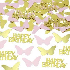 100pcs Butterfly Table Confetti Decor Glitter Butterfly Decoration for Birthday Wedding Theme Thanks Giving Party Valentine's Mother's Day Scatter Bless Confetti (Gold & Pink & HAPPA BIRTHDAY)