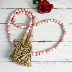 Wood Beads Garland with Tassels Farmhouse Rustic Wooden Prayer Bead String Wall Hanging Accent for Home Festival Decor. Pink Mix Distressed
