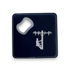 Coaster W/ BOTTLE OPENER - Lineman - SET OF 2 LEATHER Black/Silver