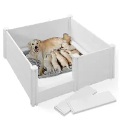 SmithBuilt 48" x 48" x 18" Whelping Box for Dogs and Puppies, Heavy Duty PVC Whelping Pen and Birthing Box with Rails and Adjustable Height Door, White