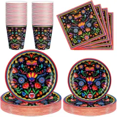 200 Pieces Mexican Party Decoration Supplies Fiesta Tableware Set, Includes Mandala Flower Mexican Paper Plates and Napkins Cinco De Mayo Paper Cups for Taco Tuesday Birthday Party Decor