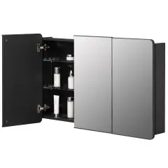 Basicwise 3-Door Aluminum Bathroom Medicine Cabinet, Round Corner Framed Door - Versatile Recessed Medicine Cabinet or Surface Mount, Mirrored Door Cabinet with Adjustable Glass Shelves, Matte Black