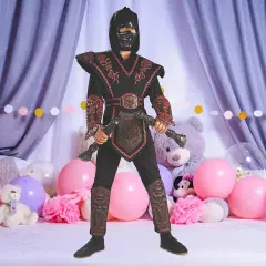 Boys Red Skull Ninja Warrior Costume with Armor Chest and Molded Mask