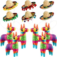 6 Pieces Mini Rainbow Donkey Pi&ntilde;ata 4 x 7 Inch and 6 Pieces Sombrero Hat headbands for Cinco De Mayo Mexican Decorations Carnivals Festivals Taco Tuesday Event Fiesta Supplies(Classic Style)