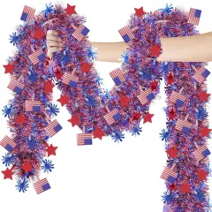 4th of July Decorations,33FT 4th of July Tinsel Garland with Star Firework American Flag, Patriotic Red White Blue Metallic Twist Garland for Home Tree Mantle Indoor Outdoor Parade Independence Day
