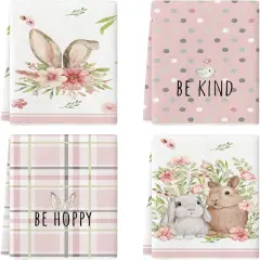 Pink Bunny Rabbit Ears Floral Leaves Easter Kitchen Towels Dish Towels, 18x26 Inch Be Kind Seasonal Decoration Hand Towels Set of 4