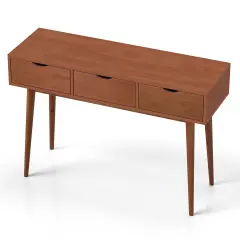 48 Inch Walnut Writing Computer Desk with 3 Drawers and Solid Wood Legs