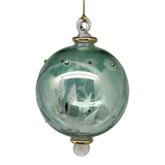 Etched Blown Glass Ball with Crystal Accents - Green