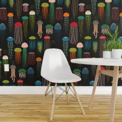 Pre-Pasted Wallpaper 2FT Wide Colorful Jellyfish Sea Creatures Ocean Animals Under The Nautical Beach Custom Pre-pasted Wallpaper by Spoonflower