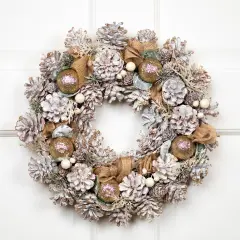 Northlight Glittered Pine with Burlap Bows Artificial Christmas Wreath - 14" - Unlit Beige
