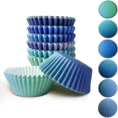 300PCS Mini Gradient Cupcake Liners Cupcake Cups 6 Designs Blue Gradient Cupcake Papers Baking Cups Cupcake Wrappers (Small Size)