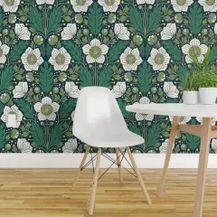 Pre-Pasted Wallpaper 2FT Wide Flowers Green Blue Botanical Cottagecore Floral Dark Victorian Arts And Crafts Custom Pre-pasted Wallpaper by Spoonflower