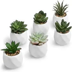 Mini Assorted Green Faux Succulent, Indoor Fake Plants in Geometric Ceramic Pots, Set of 6