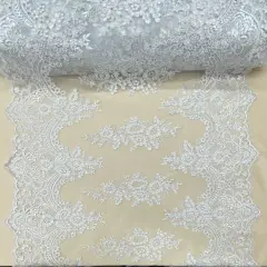 1 Yard White Floral Sequin Lace Fabric with Embroidered Mesh and Scalloped Double Border 51" Width