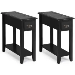 Rubber Wood End Table Set with Drawer, Open Shelf and Spacious Tabletop for Living Room or Bedroom Black