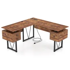 Rustic Brown L-shaped Computer Desk with Power Outlets and 3 Storage Drawers