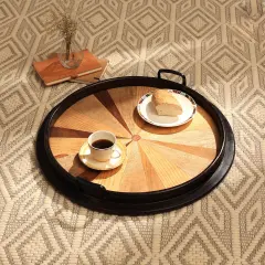 Round Wooden Serving Tray with Sunburst Inlay &ndash; 23.5" Decorative Tray with Black Rim & Handles