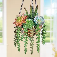 Collections Etc Hanging Colorful Faux Succulents in Rattan Basket