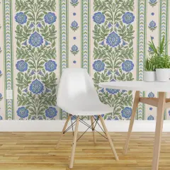 Peel & Stick Wallpaper 2FT Wide Indian Floral Blue Flowers Green Botanical Traditional Large Scale Stamped Stripes Custom Removable Wallpaper by Spoonflower