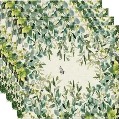 Set of 4 Eucalyptus Butterfly Summer Placemats - 12x18 Inch (Beige/Green)