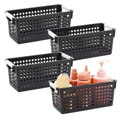 Farmlyn Creek 4-Pack Black Plastic Baskets for Organizing Bathroom, Laundry Room, Washroom or Playroom, Stylish and Sleek Versatile Small Plastic Baskets with Handles for Home Closet Organization