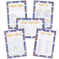 Set of 5 Baby Shower Games for 50 Guests, Over The Moon, Twinkle Twinkle Little Star Bingo (251 Total Pieces)