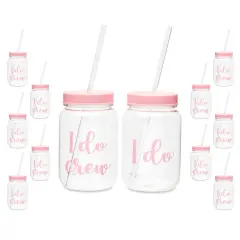 12 Pack "I Do Crew" Bachelorette Party Cups with Lids, Pink Bridal Shower Mason Jar Gifts (18 oz)