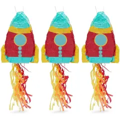 Mini Rocket Ship Pull Pi&ntilde;atas for Outer Space Party (8 x 5.9 x 2.5 In, 3 Pack) Multicolor