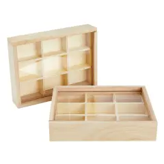 Small Unfinished Wood Box with Lid, 9 Compartment Storage Boxes (6.75 x 1.4 x 5.1 inches, 2 Pack)